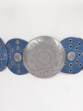 Boho Blue Denim Wide Belt with Decorative Silver-Tone Buckle